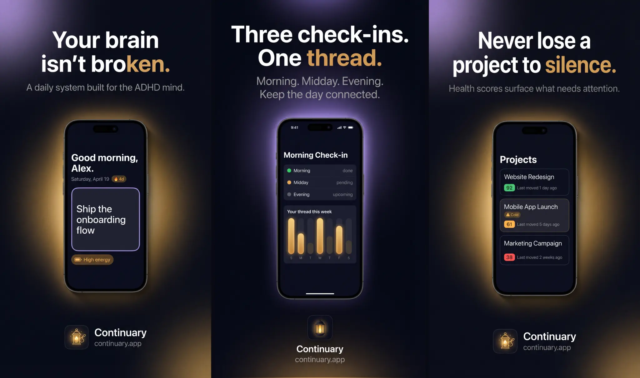 Continuary app composite showing three screens: morning check-in, weekly thread, and project health scores.
