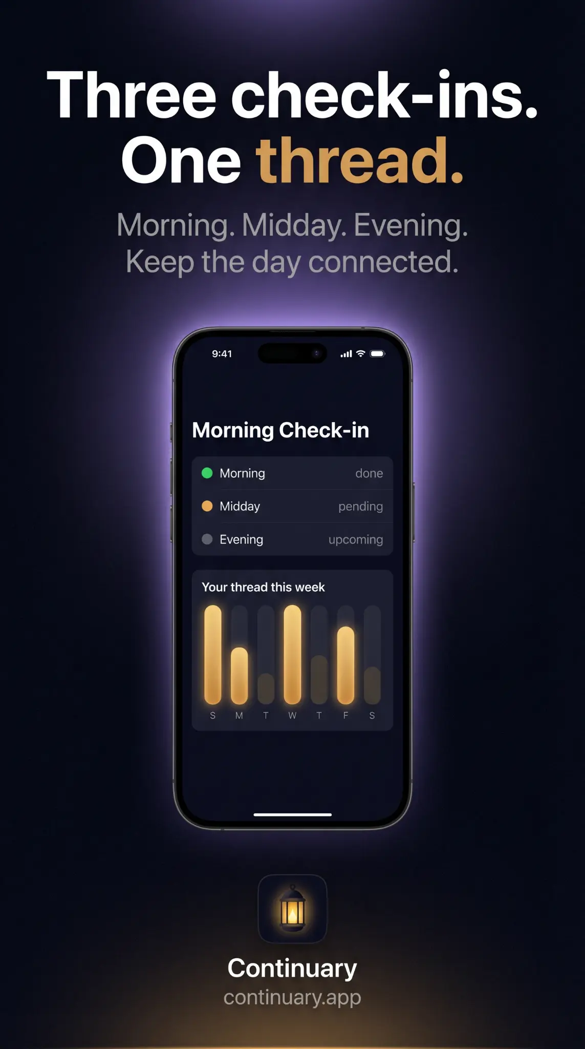 Continuary app screen showing morning, midday, and evening check-ins with a weekly thread bar chart.