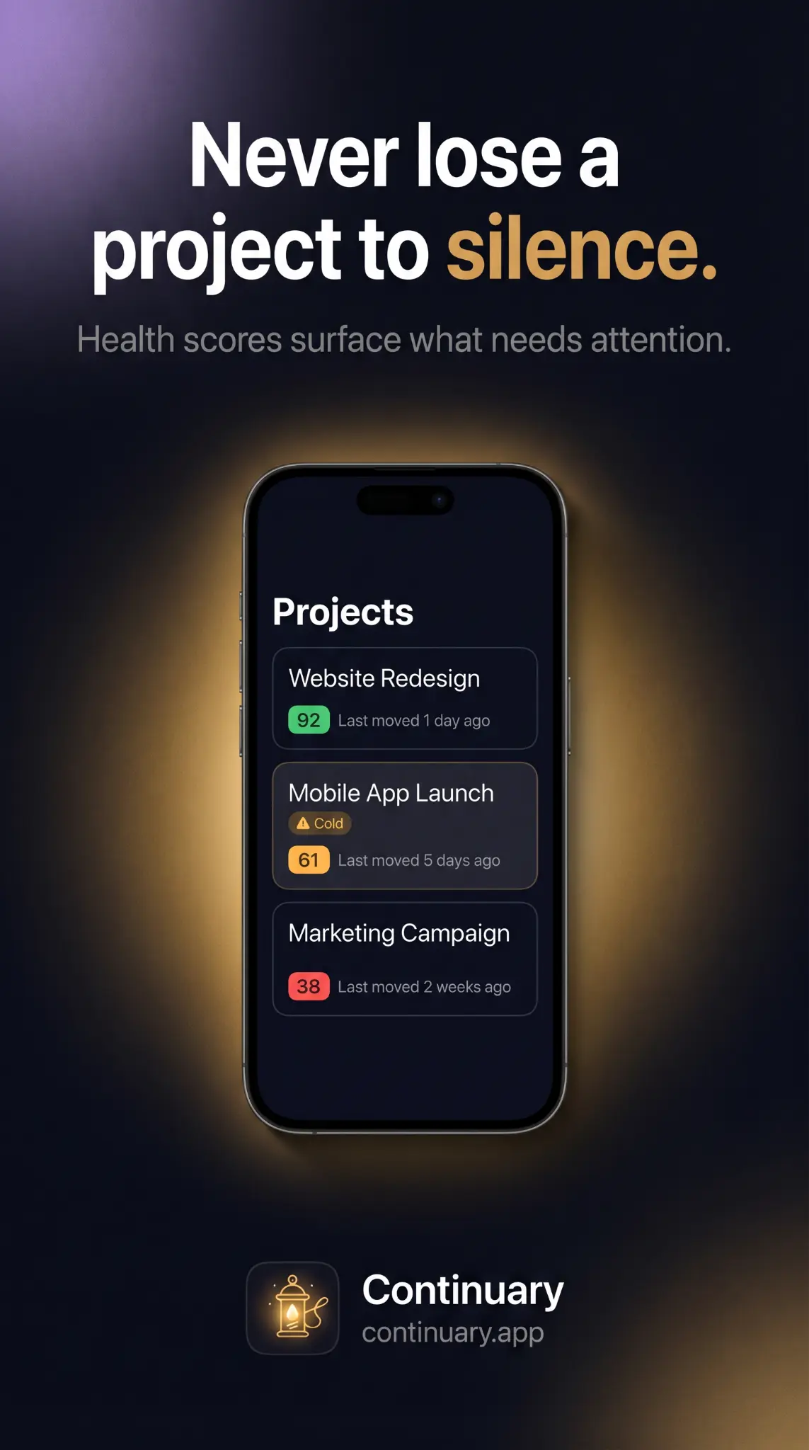 Continuary app screen showing project health scores: Website Redesign at 92, Mobile App Launch at 61 marked cold, Marketing Campaign at 38.