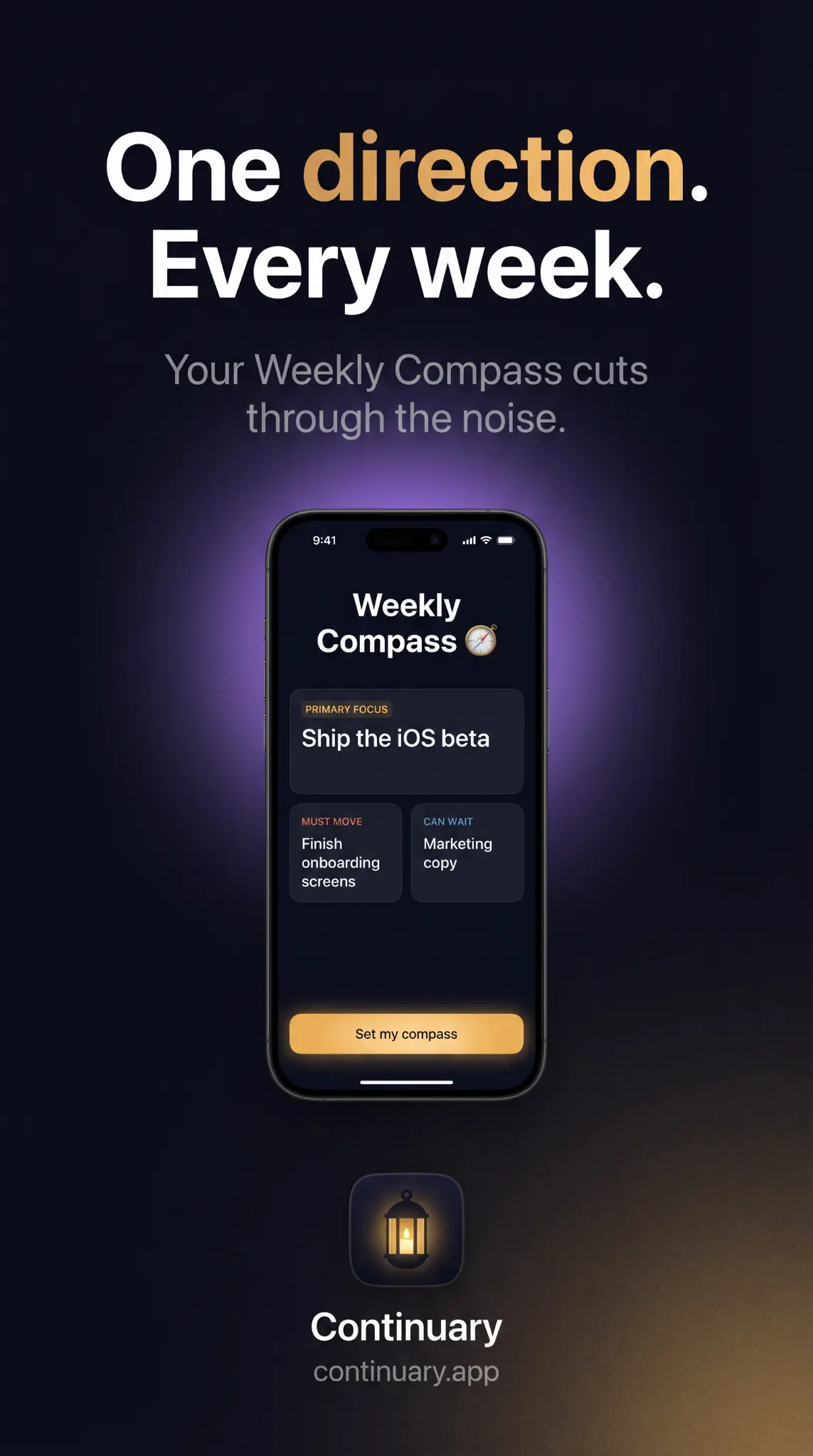 Continuary Weekly Compass screen showing primary focus 'Ship the iOS beta', must-move task 'Finish onboarding screens', and can-wait task 'Marketing copy'.
