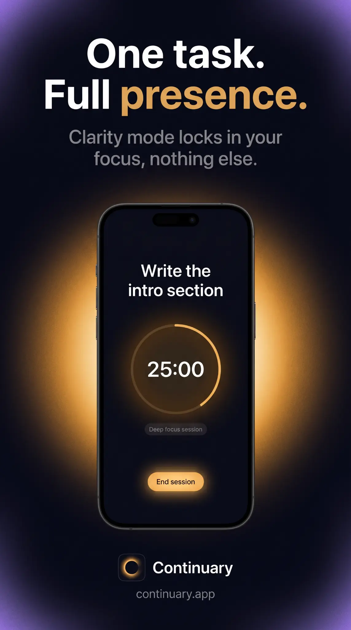 Continuary clarity mode screen showing a focused task 'Write the intro section' with a 25-minute timer.